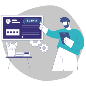 An illustration of someone signing in at a screen in reception.