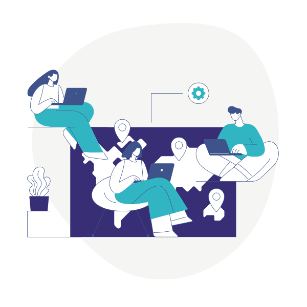 An illustration of colleagues working at laptops around a map, with a pin on each office.