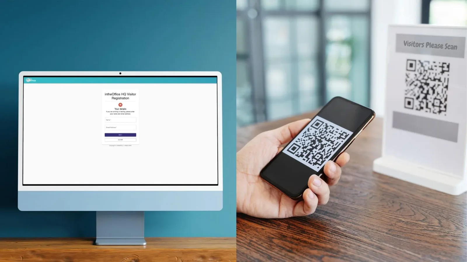 The intheOffice visitor check-in screen on a monitor at reception, beside a visitor scanning a printed QR code with their phone.