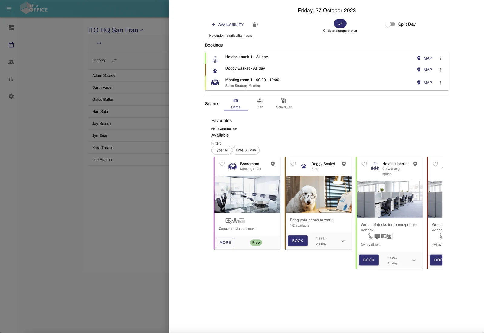 Booking a space for a day: the person's bookings for the day, then the available spaces as cards with a filter by type and time, favourites and a Book button