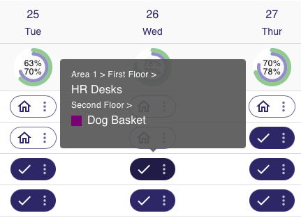 The intheOffice Schedule page in Day view, showing colleague bookings