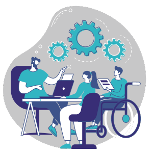An illustration of three colleagues working together at one table.