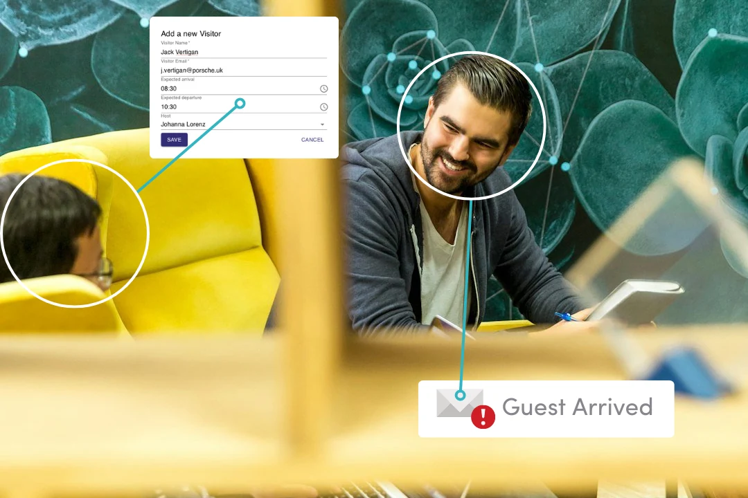 Adding a visitor with arrival and departure times and a host, and the email the host receives when the guest arrives