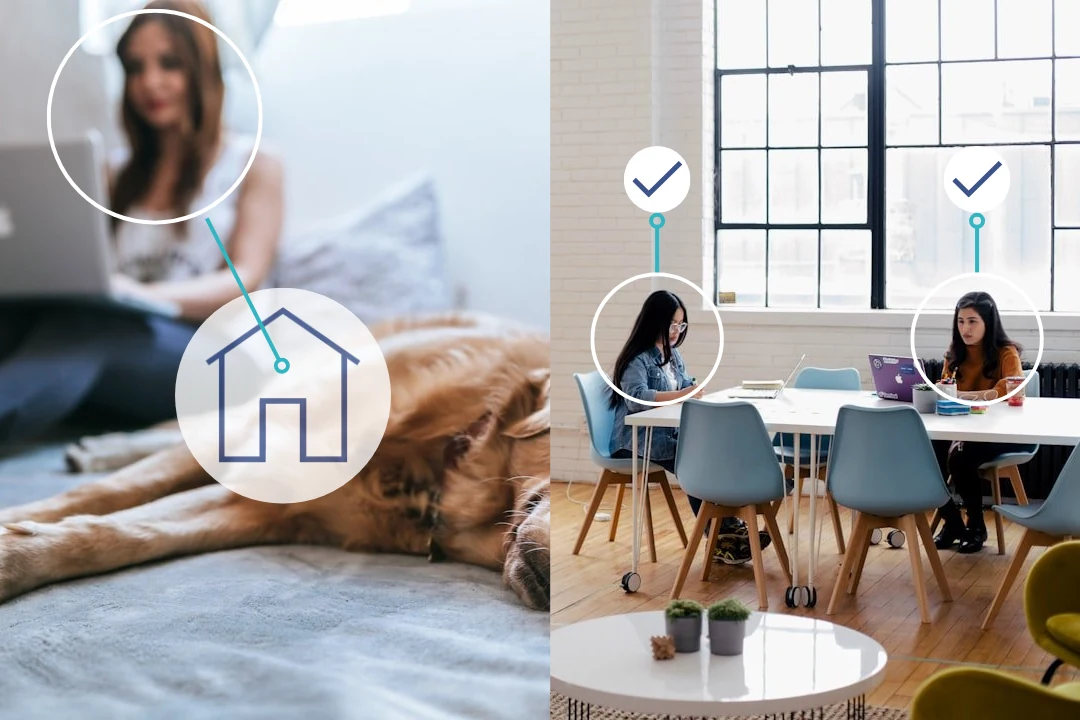 Colleagues at home and in the office, each with their intheOffice status shown beside them: Working from home or In the office.