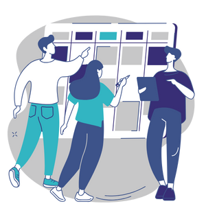 An illustration of three colleagues choosing from a board of spaces.