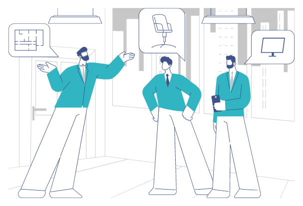 An office manager talking two colleagues through a floor plan, a desk chair and a screen